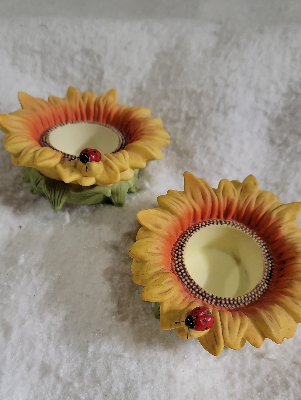 PartyLite Sunflower Tealight Holders with Ladybugs - Yellow, Orange, Red Ceramic